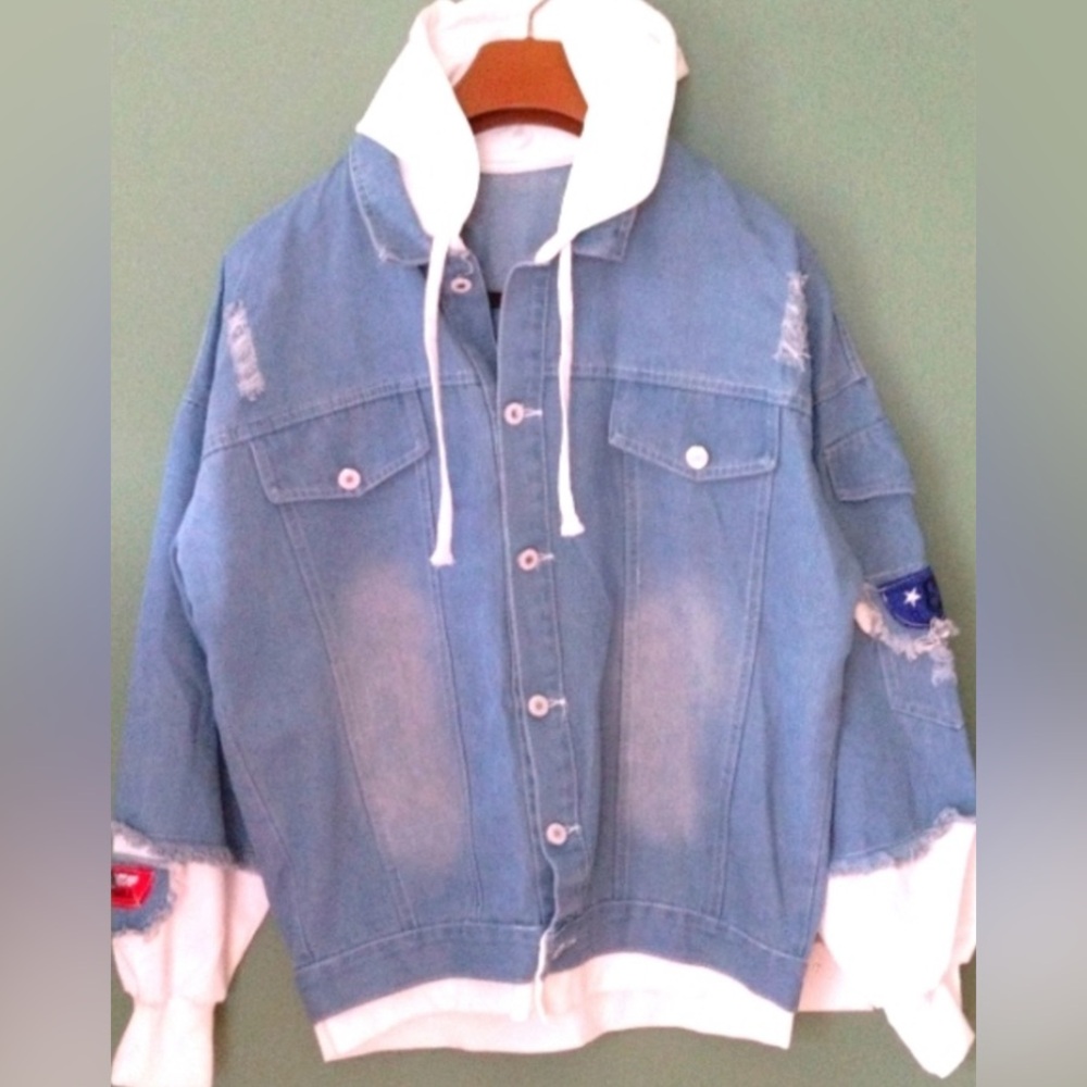 Unisex boho unique Distressed hooded graphic appliqué washed unique denim jacket